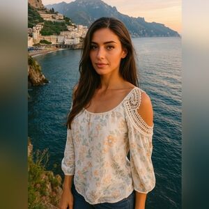 Alice Rinaldi Silk Floral Blouse Size S Crochet Shoulders Made In Italy